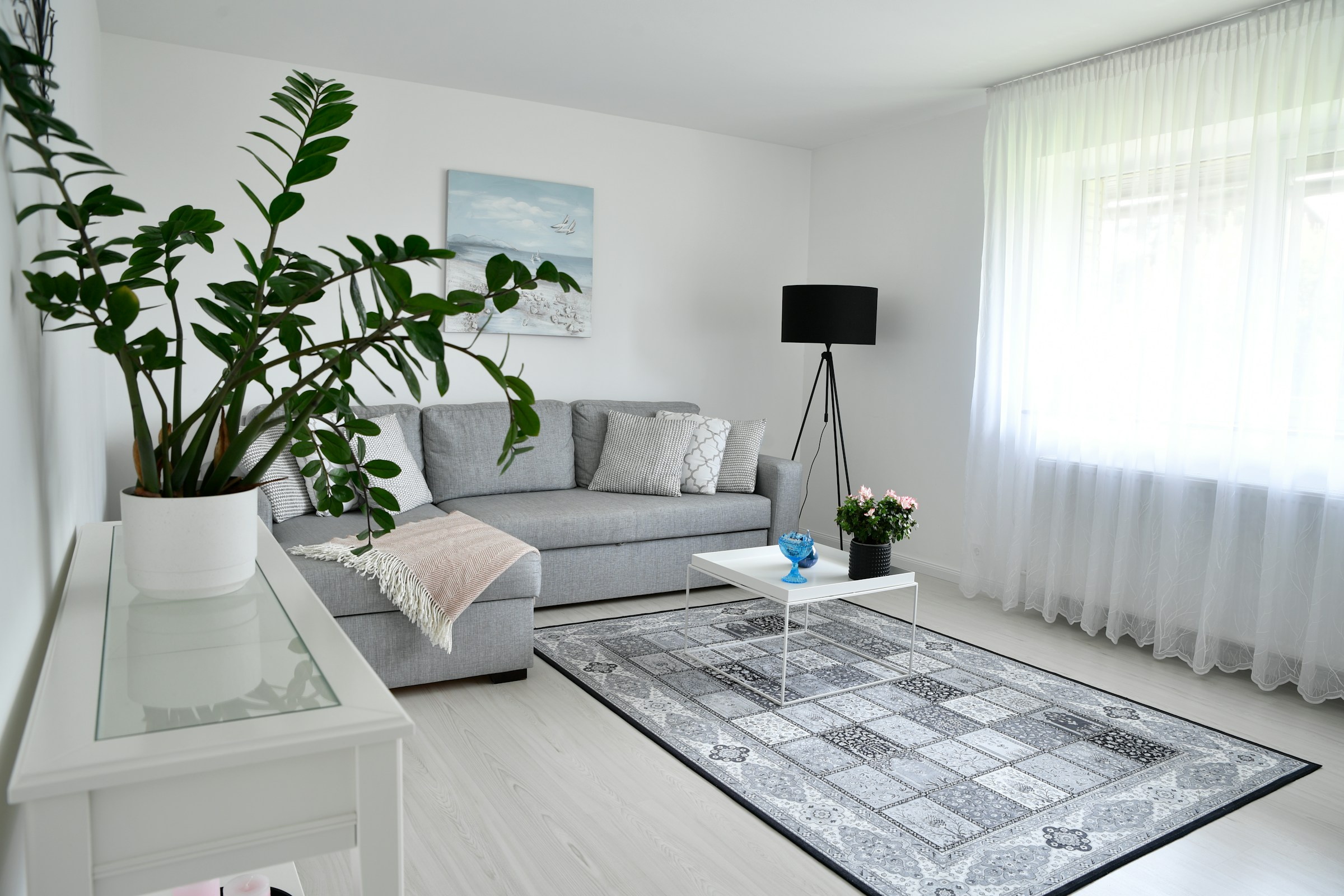Bright living room with a gray sofa, floor lamp and rug beside a large window